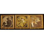 Three ceramic tubelined tiles, by Maw & Co, Tunstall, depicting Winter, Summer and Spring, framed,