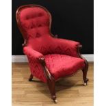 A Victorian mahogany spoon back drawing room chair, button-back, stuffed-over upholstery, scroll