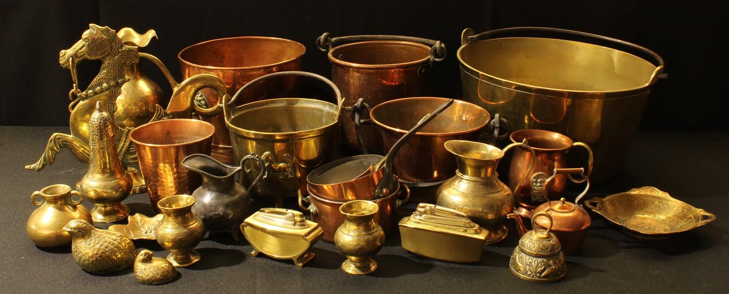 Metalware - a 19th century brass jam kettle; a cauldron; copper jardinieres; etc