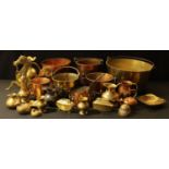 Metalware - a 19th century brass jam kettle; a cauldron; copper jardinieres; etc