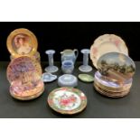 Wedgwood Jasperware candlesticks, jug, trinket dishes; Royal Crown Derby Pinxton Rose1120 (second