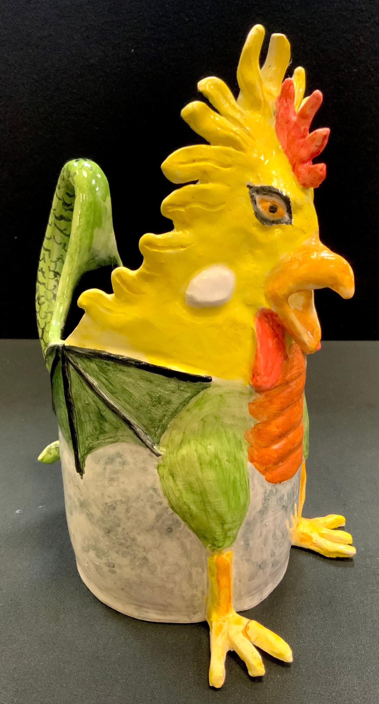 A Prue Piper (b.1938) novelty jug in the form of a ferocious cockerel a winged dragons body the tail - Image 3 of 4