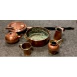 Copper and brass - A two handled pan; jug, tankard, kettle and warming pan.