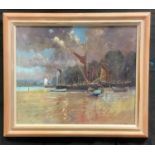 David Noble (b.1945) Sheffield Artist Pin Mill, Moored Boat signed, oil on board, 62cm x 75cm