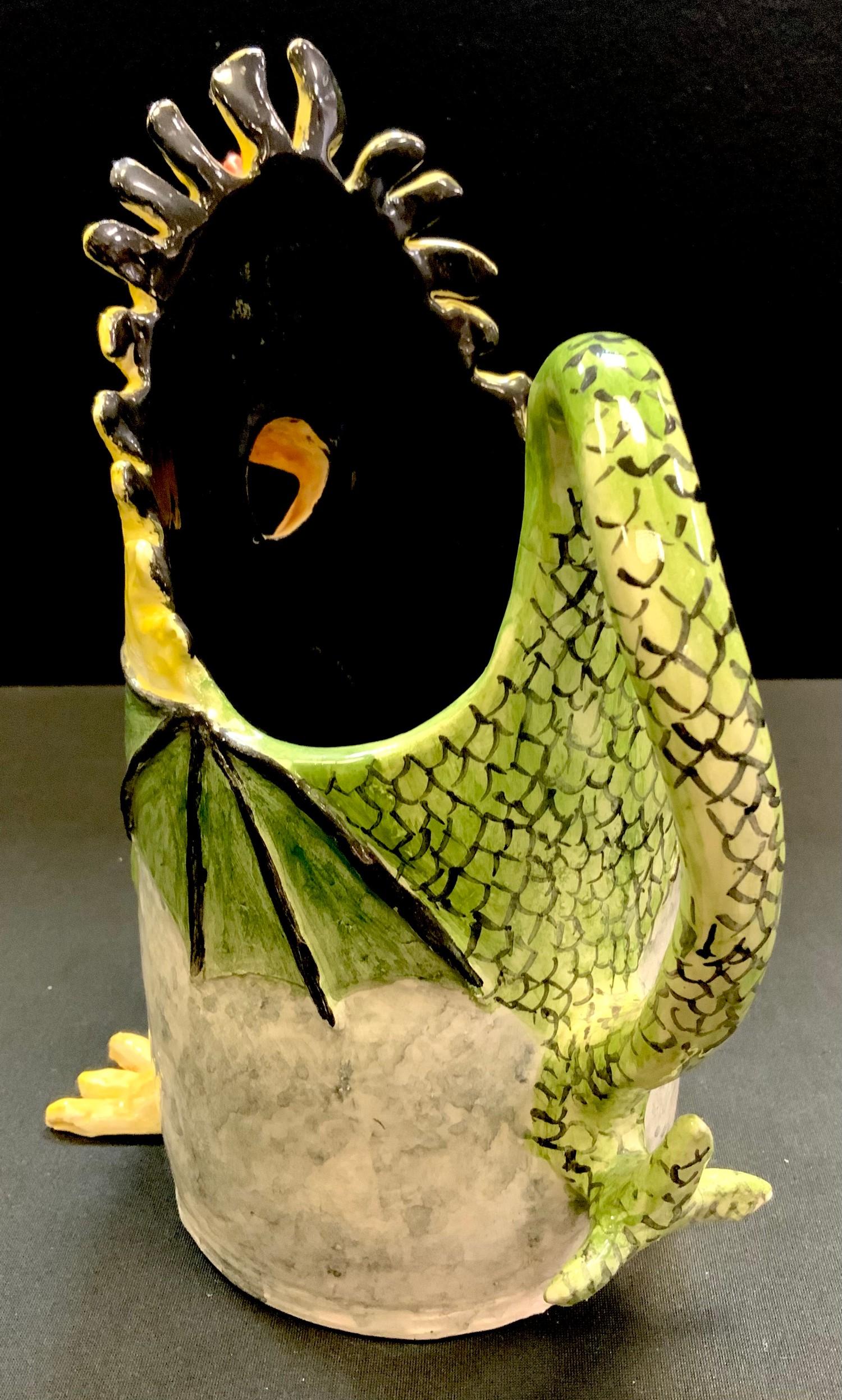 A Prue Piper (b.1938) novelty jug in the form of a ferocious cockerel a winged dragons body the tail - Image 2 of 4