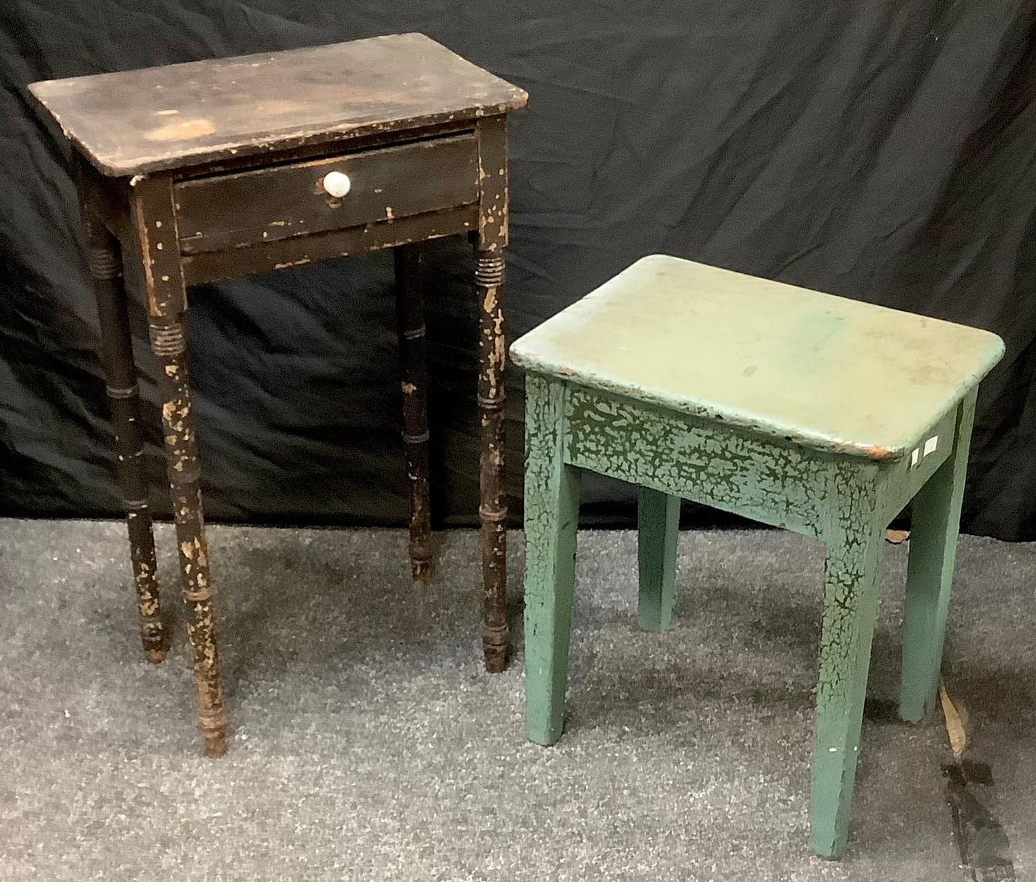 A painted pine side table, short drawer to frieze; a painted pine stool. (2)