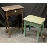 A painted pine side table, short drawer to frieze; a painted pine stool. (2)