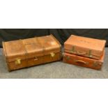 Vintage luggage - metal and wooden bound traveling trunk, signed J.S.Benzecry, labelled W.H.