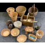 Wicker work baskets, pin holders etc