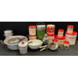 Kitchenalia - a set of nine Tala cream and red tin storage jars inc Cakes, Biscuits, Flour, Cutters,
