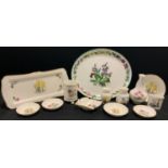 A Royal Worcester Herbs pattern oval platter, Alpine Flowers pattern shaped rectangular tray, vases,