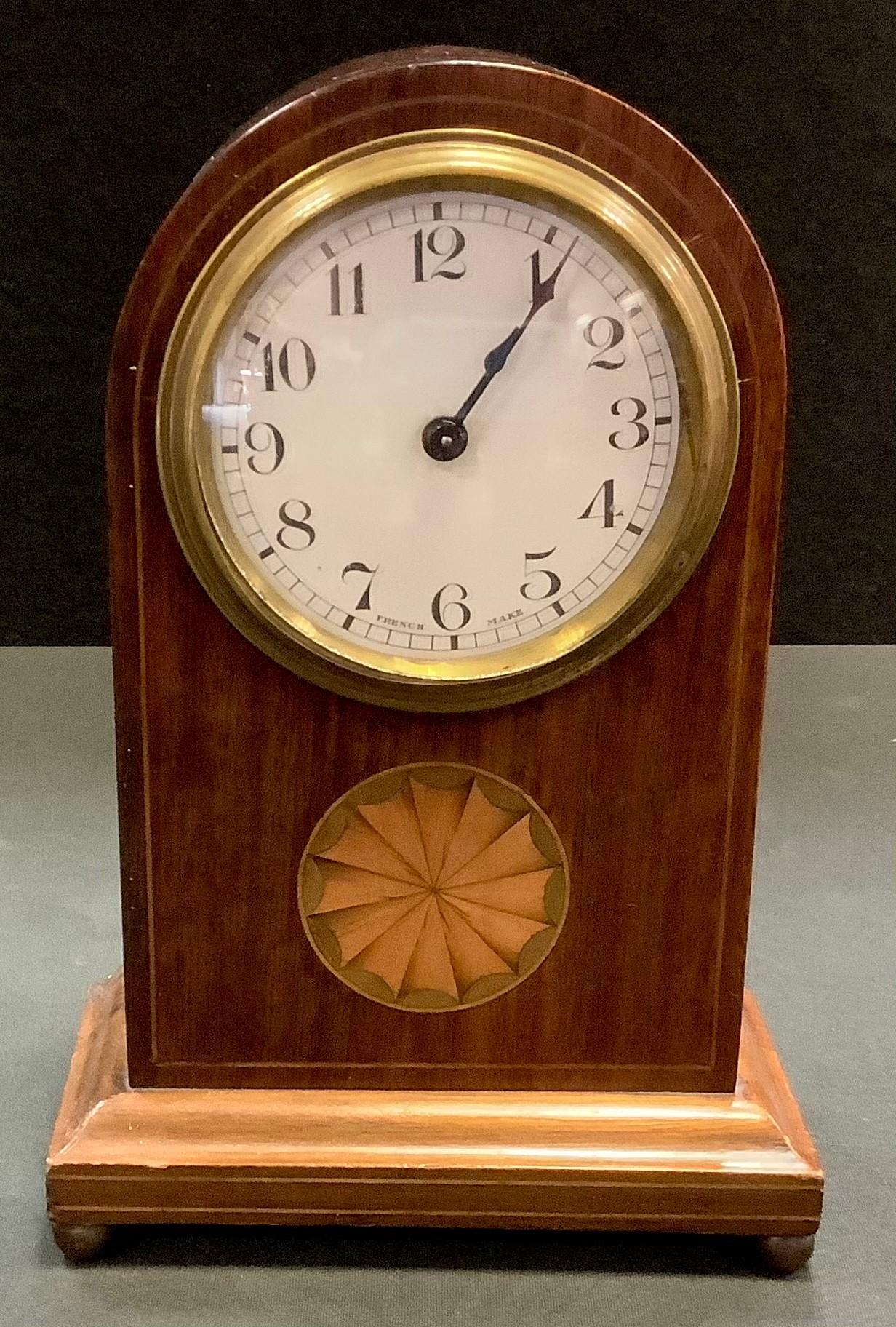 An Edwardian mahogany mantel clock possibly by Duverdry & Bloquel, dome top, Arabic numerals, inlaid