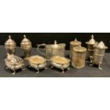 Silver - a late Victorian oval lidded mustard pot, Sheffield 1900; three piece cruet set; other