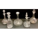 Decanters - a ship?s decanter, two Edwardian decanters, a mallet shaped decanter, another (5)