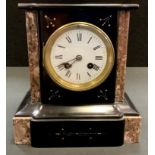 A black slate and marble mantel clock, enamelled face, Roman numerals, plinth base. 23cm high.