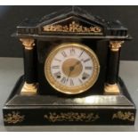 An Ansonia Japanned metal mantel clock, architectural pediment, paper chapter ring, Roman