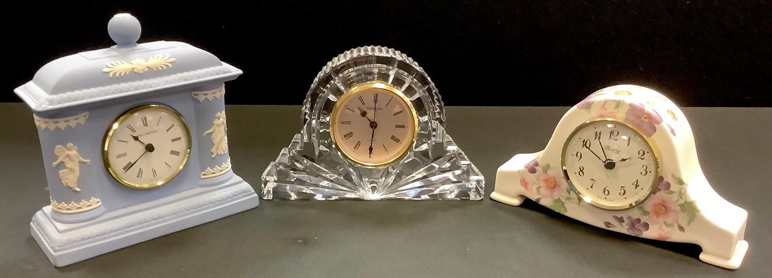 A Waterford Crystal mantel clock; a Wedgwood Jasperware mantel clock; a Blandford ceramic mantel