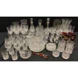 Glass - an Edwardian cut glass decanter and stopper; others; cut glass vases, fruit bowls, stemware,