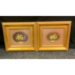 Marie Graves, a pair, oval yellow and blue primulas, signed, water colour, 15.5cm x 20cm