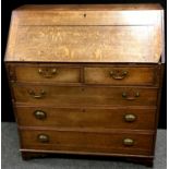 A George III oak bureau, fall front enclosing fitted interior with secret storage, two short