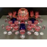 Ruby flash wine glasses, Bristol Blue vases, LSA globular vase, others.