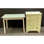 A 20th century painted pine chest of drawers, rectangular top above four long drawers, bracket feet,