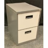 A modern metal two drawer filing cabinet, 70cm high, 47cm wide, 62cm deep.