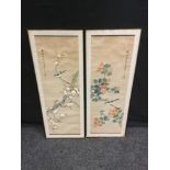 Japanese School - a pair, traditional birds amongst branches, signed, 91cm x 31cm (2)