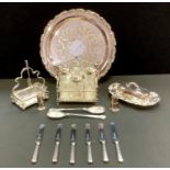 Plated ware including six piece cruet, butter dish and cover, pickle dish and forks, berry spoons,