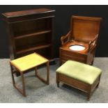 A reproduction mahogany floor standing bookcase; an oak workbox/stool; a G-Plan occasional table;