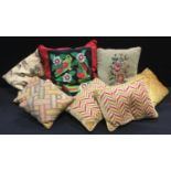 Textiles - a large embroidered cushion, Parakeets & foliage, 53cm x 53cm; others smaller,
