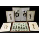 Four framed collages of African ladies made with butterfly wings; another two, floral subjects; a
