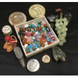 Geology & Gemology - a carved stone bunch of grapes; assorted pebbles, pewter boot snuff box;