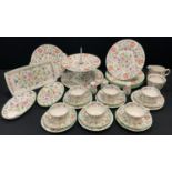 A Minton Haddon Hall pattern six setting afternoon tea service inc sandwich plates, cups, saucers,