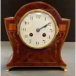 An Edwardian inlaid mahogany mantel clock, French movement, enamelled face, Roman numerals, brass