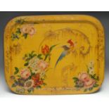 A Regency toleware rounded rectangular tray, probably Pontypool, painted in polychrome and gilt in