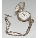 An early 20th century silver 'blind man's' hunter pocket watch, 4.5cm enamel dial inscribed Waltham,