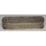 A 19th century Dutch silver tobacco box, cast in the manner of Teniers with tavern scenes, 16cm