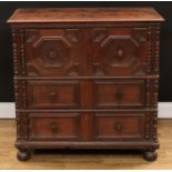 A '17th century' oak chest, slightly oversailing rectangular top above three long drawers, applied