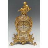 A 19th century French champleve enamel and ormolu cartouche shaped mantel clock, 8cm convex dial