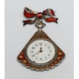 An early 20th century silver coloured metal and enamel fan shaped pendant watch, 2.5cm enamel dial