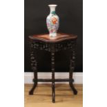 An unusual Chinese hardwood lobed quatrefoil jardiniere stand, the beaded top with inset soapstone