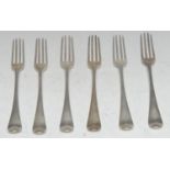 A set of six early George III silver Hanoverian pattern forks, 18cm long, London 1763, 12oz