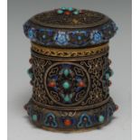 A Chinese silver, silver-gilt, closonne enamel and cabochon mounted cylindrical tea caddy, decorated