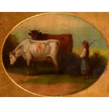 English School (early 19th century) Cattle and Young Maid 30cm x 35cm, oil, oval