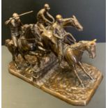 Isidore Jules Bonheur, after, brown patinated bronze, three race horse at a jump, 69cm long