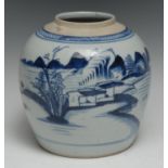 A Chinese ovoid ginger jar, painted in tones of underglaze blue with a fisherman in a landscape,