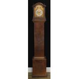 An early 20th century walnut musical hall clock, 19cm arched brass dial with silvered chapter ring