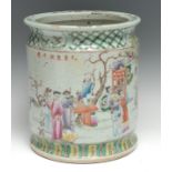 A large Chinese famille rose cylindrical bitong brush or scroll pot, decorated in polychrome enamels