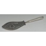 A George III Irish provincial silver fish slice, the blade pierced and bright-cut engraved, 30cm